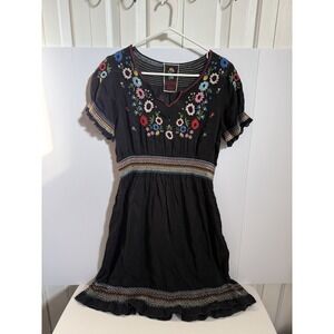 Johnny Was embroidered ruffle hem floral boho dress black short sleeve Est S/M